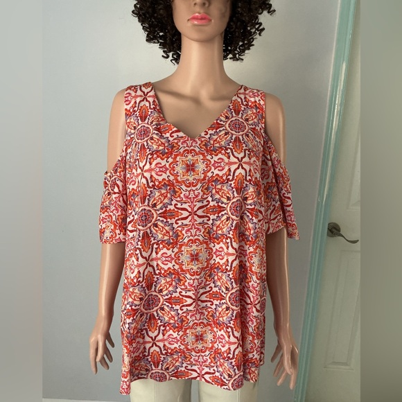 Counterparts Tops - Counterparts Red and White Cold Shoulder Blouse